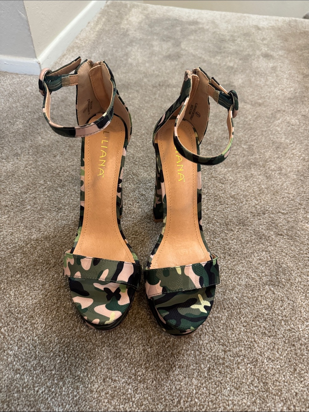 Liliana Camouflage Ankle-Strap High Heels - Green, Black, Tan